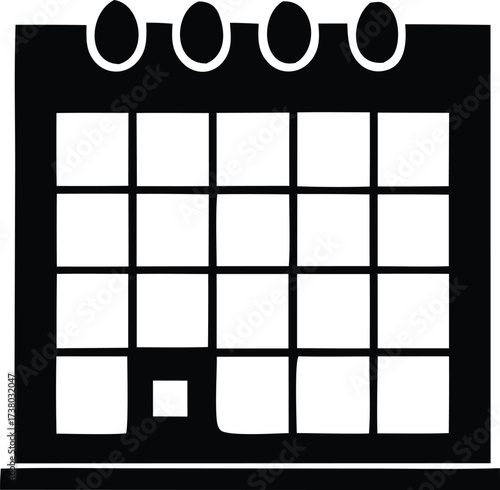 Simple black and white icon of a calendar grid with marked day for scheduling planning appointments and events