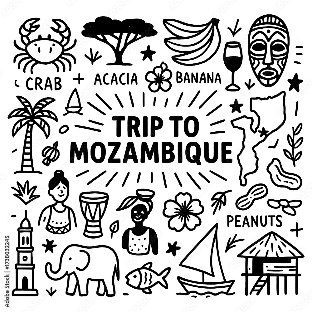Obraz premium Mozambique culture doodle icons with wildlife, food, music, Maputo and traditional lifestyle, Transparent Background