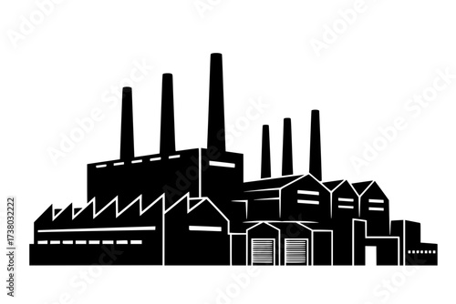 Black Vector Silhouette: Industrial Factory or Power Plant with Smoke Stacks	