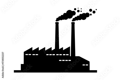 Black Vector Silhouette: Industrial Factory or Power Plant with Smoke Stacks	