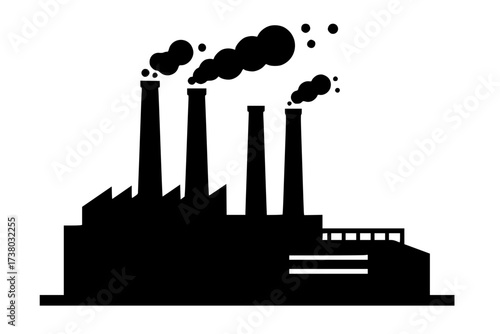 Black Vector Silhouette: Industrial Factory or Power Plant with Smoke Stacks	