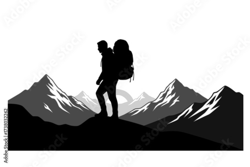 Black Vector Silhouette: Solo Traveller with Backpack Against Mountain Peak	