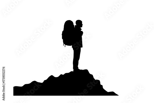 Black Vector Silhouette: Solo Traveller with Backpack Against Mountain Peak	