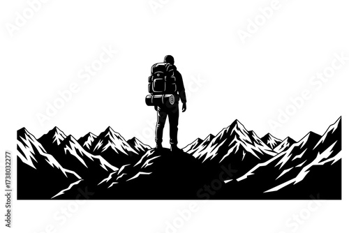 Black Vector Silhouette: Solo Traveller with Backpack Against Mountain Peak	