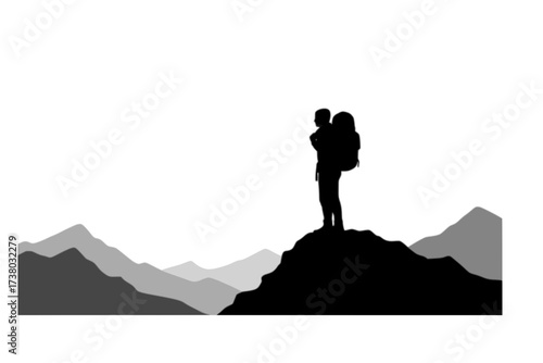 Black Vector Silhouette: Solo Traveller with Backpack Against Mountain Peak	