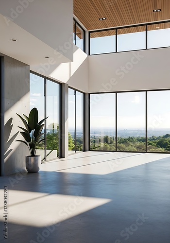 Minimalist architectural interior bathed in sunlight with expansive views