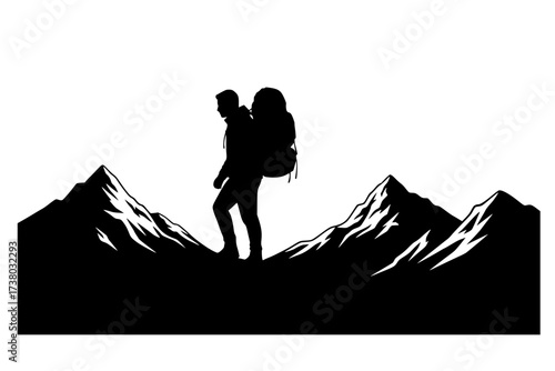 Black Vector Silhouette: Solo Traveller with Backpack Against Mountain Peak	