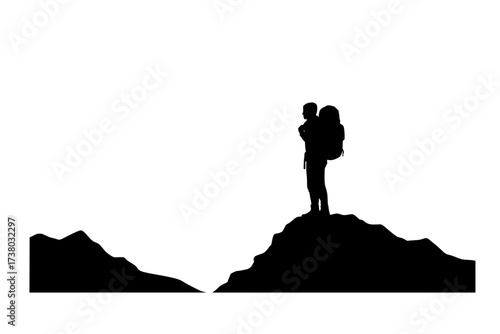 Black Vector Silhouette: Solo Traveller with Backpack Against Mountain Peak	