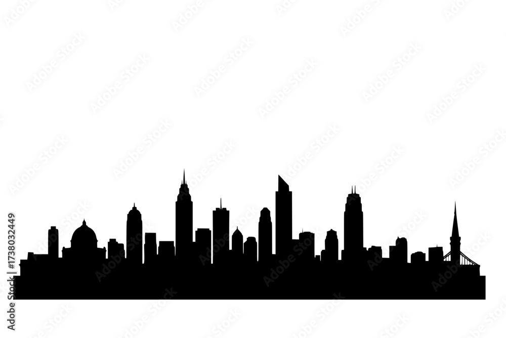 Naklejka premium Black Vector Silhouette: random Minimalist City Skyline with Iconic Buildings