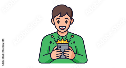 Excited man looking at smartphone with starburst effect showcasing digital delight and engagement for social media campaigns and tech promotions.