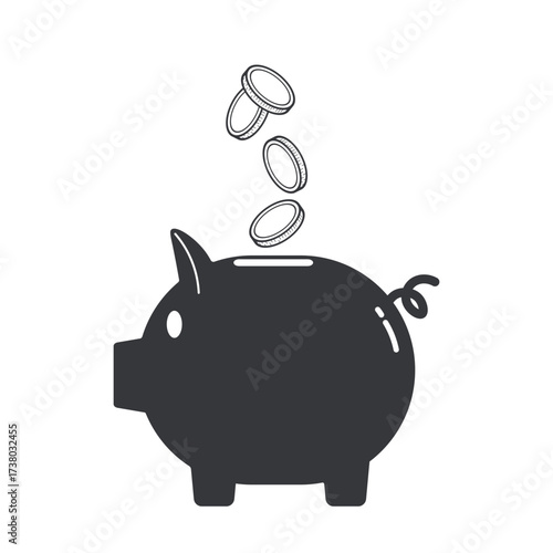 Isolated pictogram of piggy bank with falling coins, symbol of savings, financial planning, money deposit, investment, and economy concept.