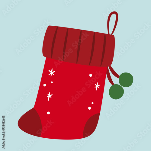 Hand-drawn Christmas Stocking with Pom-Poms, Festive Holiday Decoration for Gifts