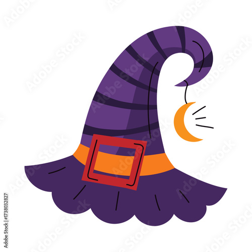 Purple Striped Witch Hat with Crescent Moon Charm for Halloween Celebrations