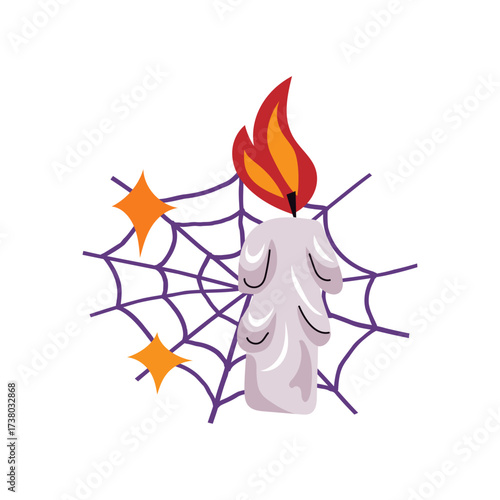 Spooky Halloween Candle Burning on a Cobweb with Stars