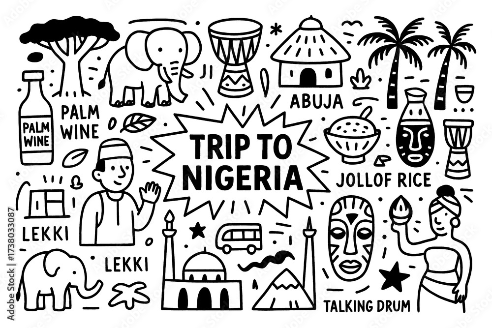 Fototapeta premium Nigeria culture doodle icons with food, wildlife, cities and traditional lifestyle, Transparent Background