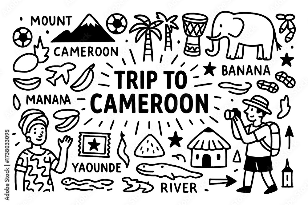 Fototapeta premium Cameroon culture doodle icons with wildlife, cocoa, music, landmarks and traditional lifestyle, Transparent Background