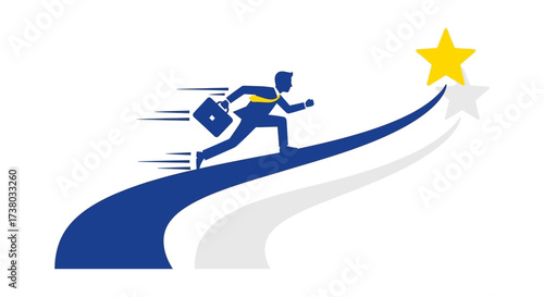 ambitious businessman running towards success reaching for a golden star a symbol of career goals and corporate achievement on white background
