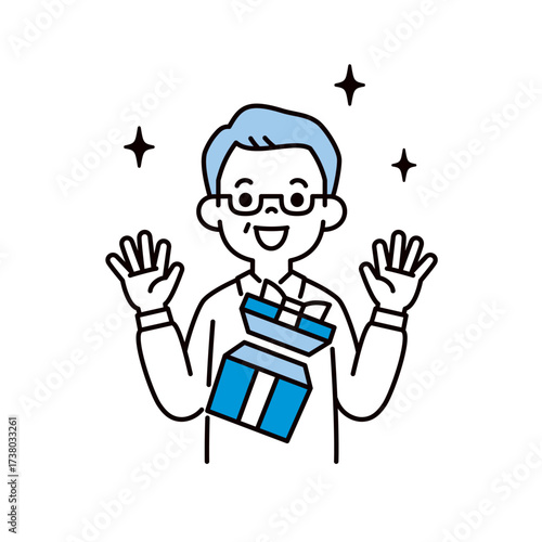 プレゼントを贈られて嬉しそうに驚く、60代・70代のおじいさんの上半身ベクターイラスト素材