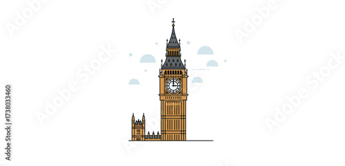 Big Ben illustration Londons iconic clock tower against a white background symbolizing travel perfect for tourism and architectural design projects.