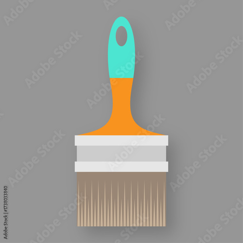 A Flat Paint Brush with a Teal and Orange Handle on a Plain Background