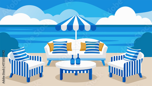 An outdoor patio with a white wicker furniture set and blue and white striped cushions overlooking the beach.