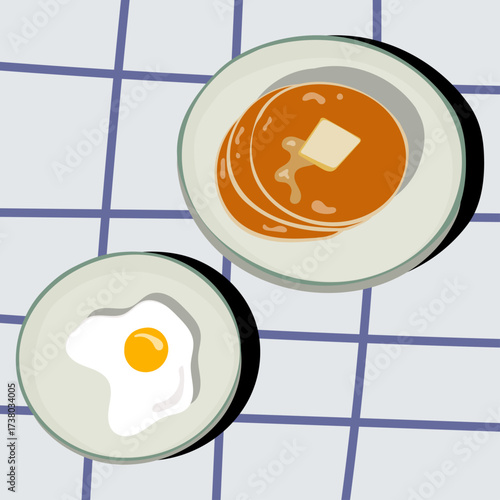 Pancakes with Butter and Fried Egg. Concepts related to traditional breakfast, brunch food, homemade meals, diner menu, and morning nutrition.