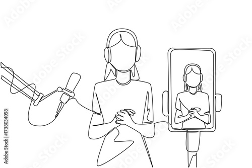 Continuous one line drawing a woman using headphones and a mic broadcasts with a smartphone. Online broadcast via smartphone app. National Streaming Day. Single line draw design vector illustration
