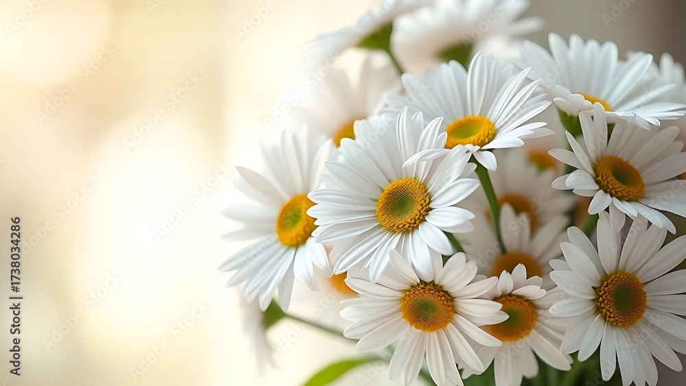 Fototapeta premium Fresh daisy bouquet bathed in soft sunlight, showcasing delicate pastel petals.