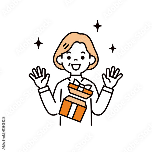 ギフトボックスと、サプライズに喜ぶ高齢のおばあさんのシンプルな上半身ベクターイラスト素材