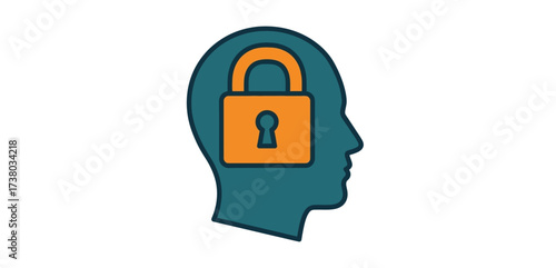Locked mindset illustrating cognitive bias representing closed mind in a teal human head silhouette with an orange padlock ideal for psychology content.