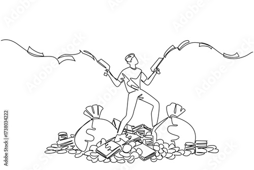 Continuous one line drawing a man stands on a pile of money holds gun that shoots out banknotes in both hands. Sharing in a unique way Be a Millionaire Day. Single line draw design vector illustration