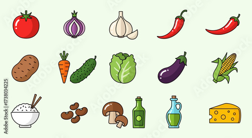 A vibrant collection of fresh vegetables and cooking ingredients in a cartoon style.