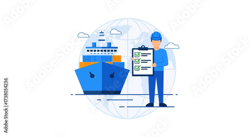 Logistics checklist inspector checks cargo ship containers for global shipping illustrating quality control for supply chain management.