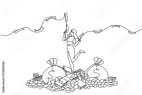Single continuous line drawing a woman stands on pile of money holds gun that shoots out banknotes in both hands. Collecting to share. Humble. Be a Millionaire Day. One line design vector illustration