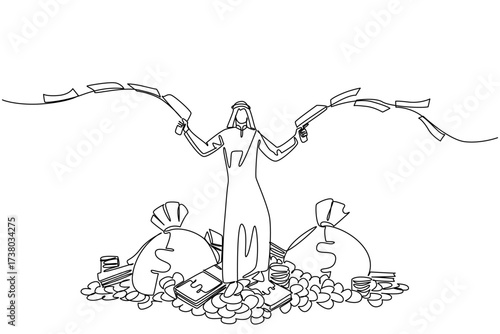 Single one line drawing Arab man stands on pile of money holds gun that shoot out banknotes in both hands. Fighting poverty. Stimulus. Be a Millionaire Day. Continuous line design graphic illustration