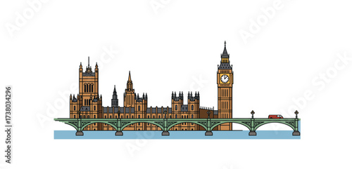 london skyline illustration a vibrant depiction of iconic buildings along the thames river with a red van crossing westminster bridge promoting travel