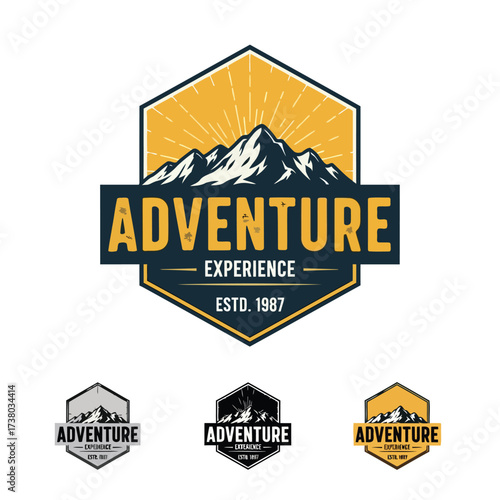 Vector art of adventure experience logo featuring mountains and sunburst, perfect for outdoor and travel brands