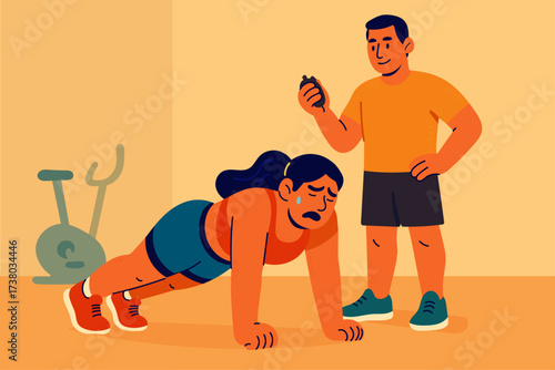 Personal trainer supervising exhausted woman doing push-ups