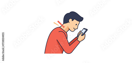 man using smartphone with neck pain browsing social media on a mobile device causing discomfort and bad posture suitable for health and wellness blogs.