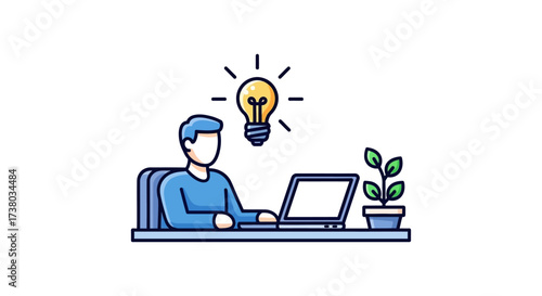 man working on laptop with idea developing project sitting at desk with plant in modern office illustrating creativity and inspiration