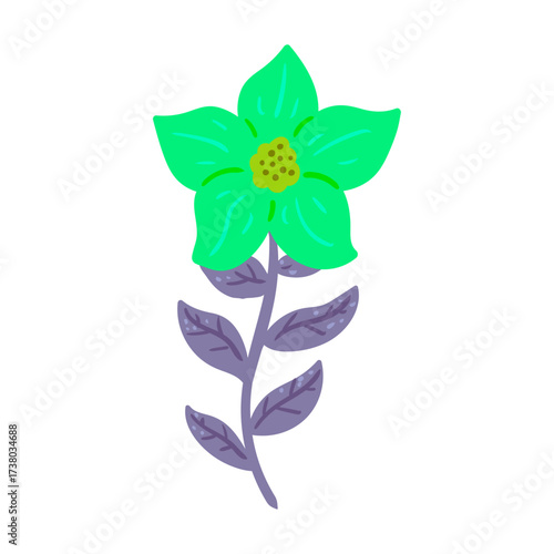 Vibrant Green Flower with Purple Stem and Leaves Isolated on White Background