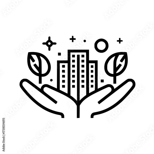 Skyscraper icon hovering above two open hands in flat vector style isolated on white background