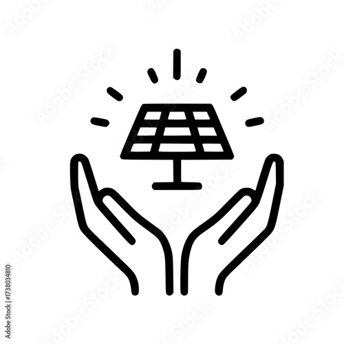 Solar panel icon hovering above two open hands in flat vector style isolated on white background
