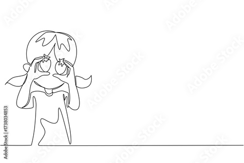 Single continuous line drawing a girl holds a strawberry in both hands and puts it in front of her eyes. Small but very refreshing. National Pick Strawberries Day. One line design vector illustration
