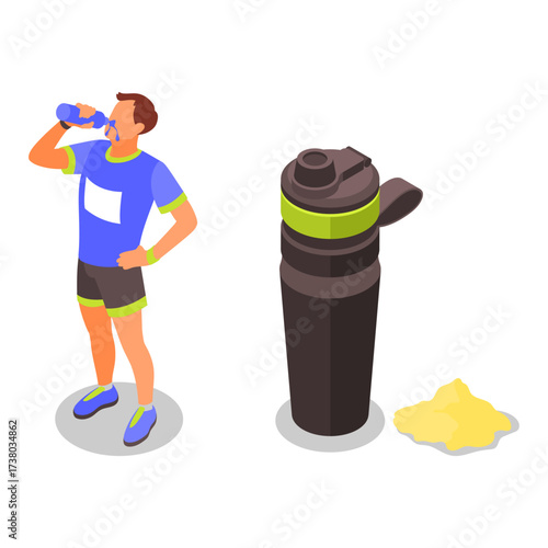 Healthy young man drinking water from a bottle after workout with protein powder