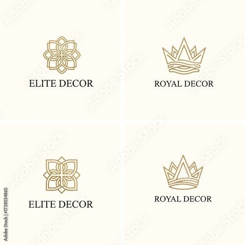 Vector art of elegant decor logos featuring floral and crown designs, representing luxury, sophistication, and highend interior design