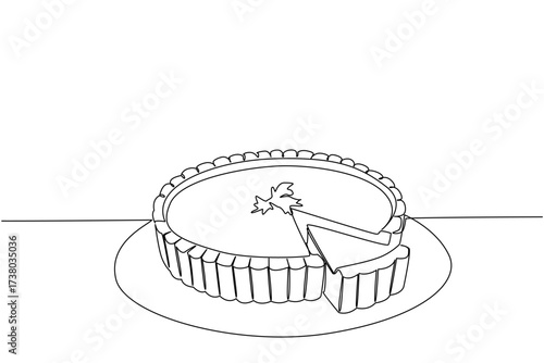 Single one line drawing quiche lorraine with celery leaves on top with little bit of it cut off. Share moments of togetherness National Quiche Lorraine Day. Continuous line design graphic illustration