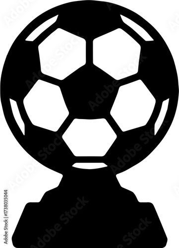 Soccer BallonD'or Silhouette: A sleek, monochromatic illustration depicts a classic soccer ball atop a pedestal, a symbol of athletic achievement, designed with precision and attention to detail. 