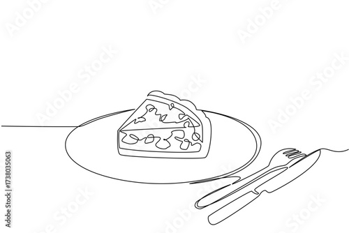 Single continuous line drawing small pieces of quiche lorraine with celery leaves on top on small plate. Simple and filling breakfast. National Quiche Lorraine Day. One line design vector illustration