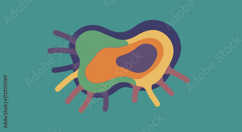 Abstract organic shape with layered colors and radiating elements.